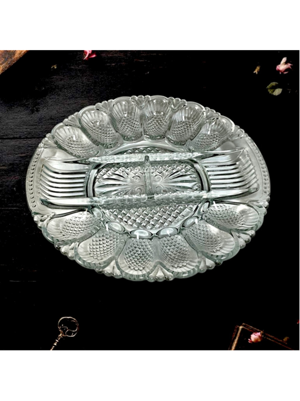 L.E. Smith Vintage Clear Cut Glass Deviled Egg Plate & Relish Platter Tray 11”